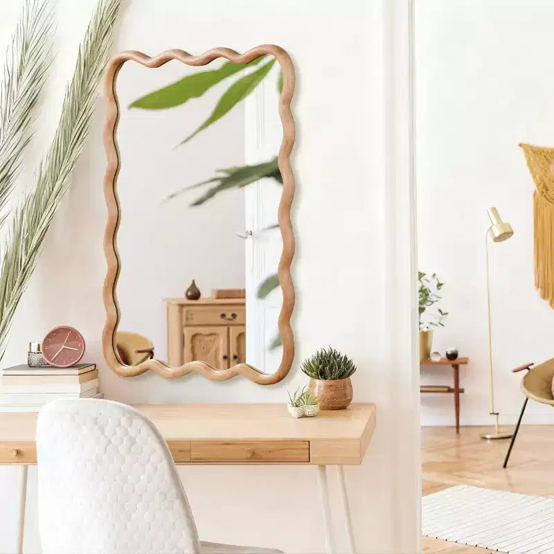 Espejo de pared rectangular ondulado de madera natural, 24"×36", marco de madera maciza
