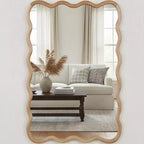Espejo de pared rectangular ondulado de madera natural, 24"×36", marco de madera maciza