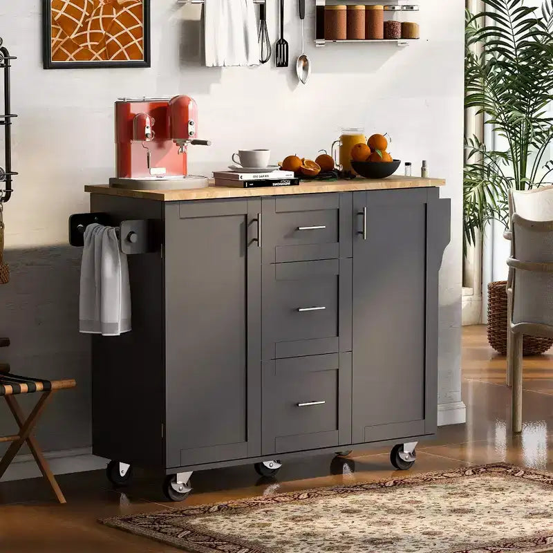 Isla de Cocina Rodante Negra / Azul / Blanca con Almacenamiento, 2 Personas