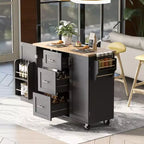 Okak Kitchen Island with Rubber Wood Top, Rolling Kitchen Island with 2 Slide-Out Shelf and Internal Storage Rack, Kitchen Cart with Spice Rack