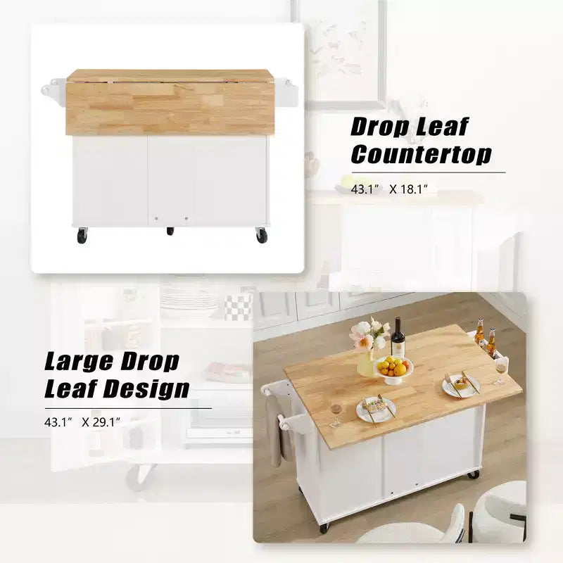 Isla de cocina marrón/blanca con mesa abatible y almacenamiento, con ruedas