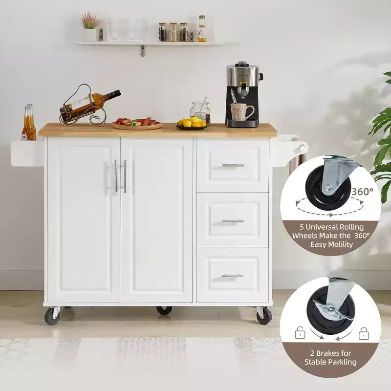 Isla de cocina marrón/blanca con mesa abatible y almacenamiento, con ruedas