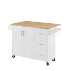 Isla de cocina marrón/blanca con mesa abatible y almacenamiento, con ruedas