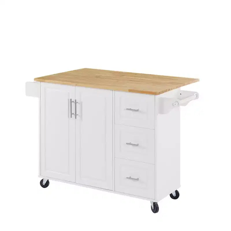 Isla de cocina marrón/blanca con mesa abatible y almacenamiento, con ruedas