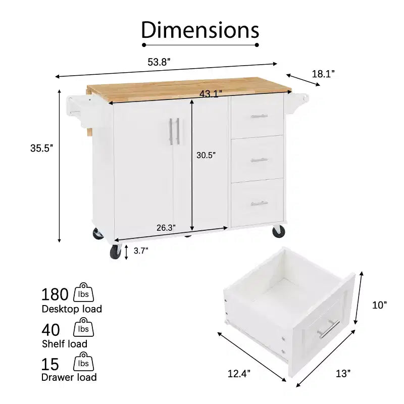Isla de cocina marrón/blanca con mesa abatible y almacenamiento, con ruedas