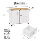 Isla de cocina marrón/blanca con mesa abatible y almacenamiento, con ruedas