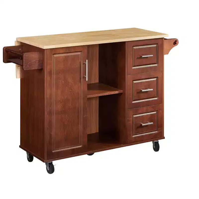 Isla de cocina marrón/blanca con mesa abatible y almacenamiento, con ruedas