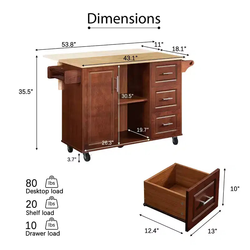 Isla de cocina marrón/blanca con mesa abatible y almacenamiento, con ruedas