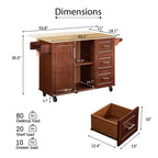 Isla de cocina marrón/blanca con mesa abatible y almacenamiento, con ruedas