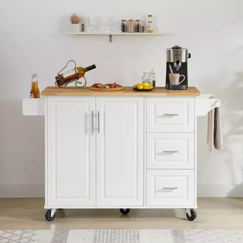 Isla de cocina marrón/blanca con mesa abatible y almacenamiento, con ruedas