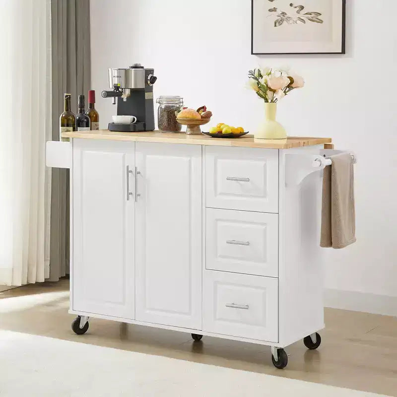 Isla de cocina marrón/blanca con mesa abatible y almacenamiento, con ruedas
