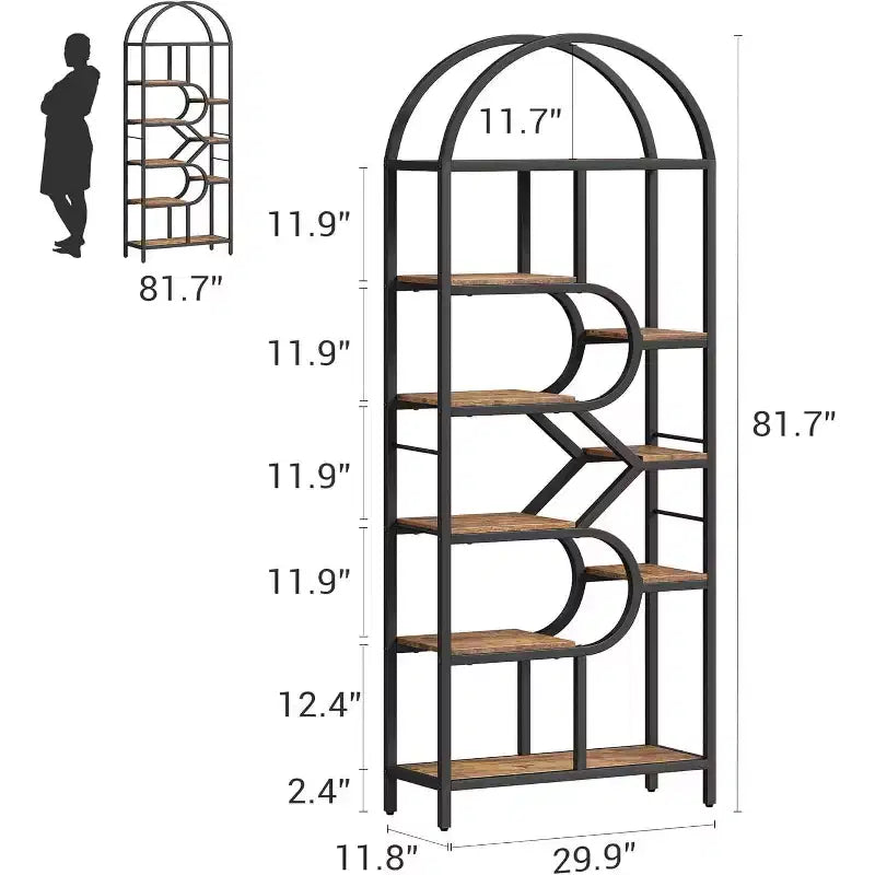 Estantería de 6 niveles con arco, negro, marrón rústico, para 1 persona