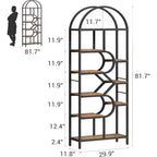 Estantería de 6 niveles con arco, negro, marrón rústico, para 1 persona