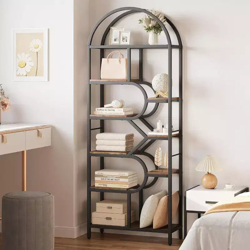 Estantería de 6 niveles con arco, negro, marrón rústico, para 1 persona