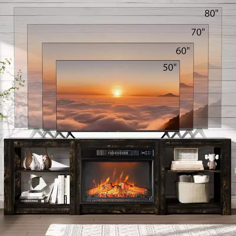 Mueble de TV para Chimenea Rústico Oscuro de Roble Estilo Casa de Campo para TVs de Hasta 80 Pulgadas con Estantes Ajustables