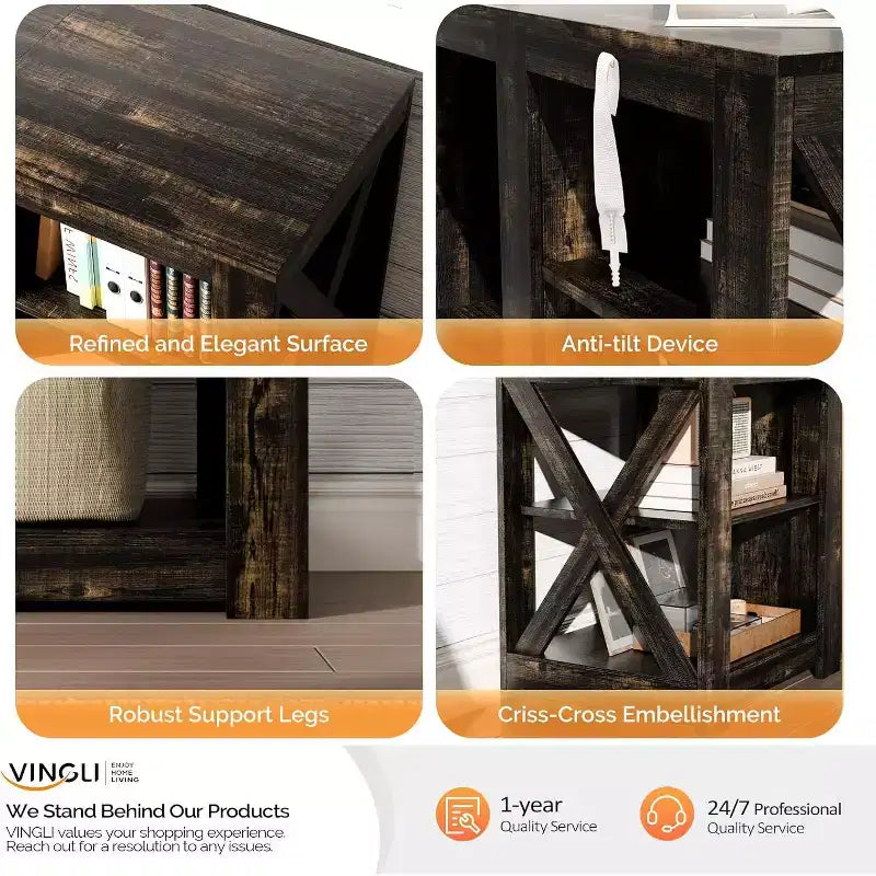 Mueble de TV para Chimenea Rústico Oscuro de Roble Estilo Casa de Campo para TVs de Hasta 80 Pulgadas con Estantes Ajustables