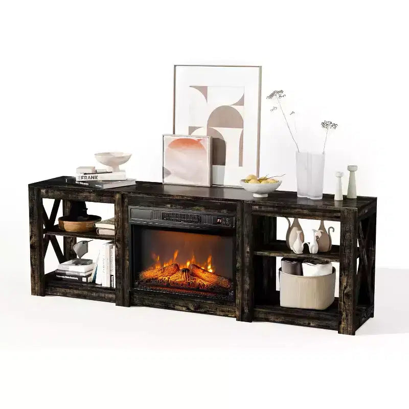 Mueble de TV para Chimenea Rústico Oscuro de Roble Estilo Casa de Campo para TVs de Hasta 80 Pulgadas con Estantes Ajustables
