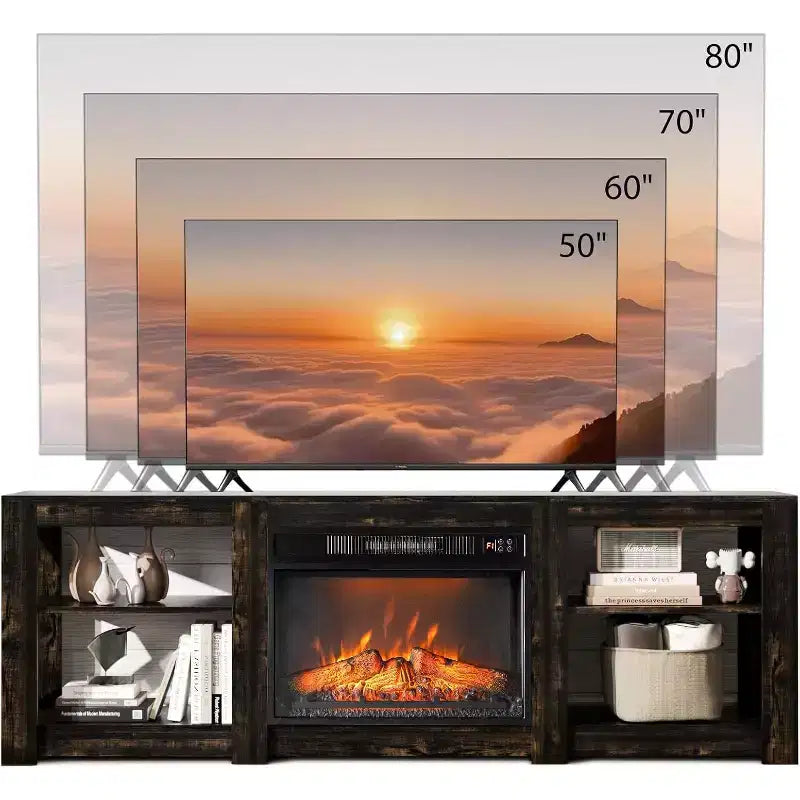 Mueble de TV para Chimenea Rústico Oscuro de Roble Estilo Casa de Campo para TVs de Hasta 80 Pulgadas con Estantes Ajustables