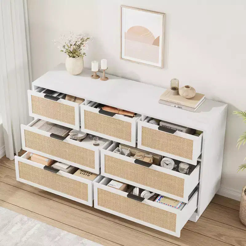 Cómoda de 7 cajones de ratán blanco, cómoda ancha para dormitorio