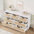 Cómoda de 7 cajones de ratán blanco, cómoda ancha para dormitorio