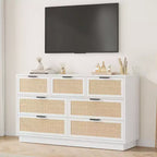 Cómoda de 7 cajones de ratán blanco, cómoda ancha para dormitorio