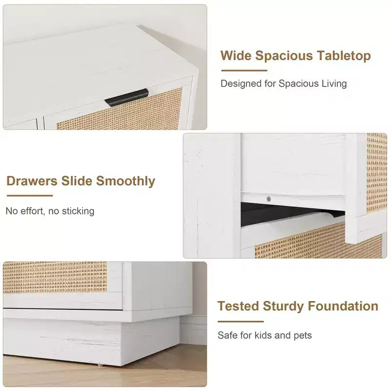 Cómoda de 7 cajones de ratán blanco, cómoda ancha para dormitorio