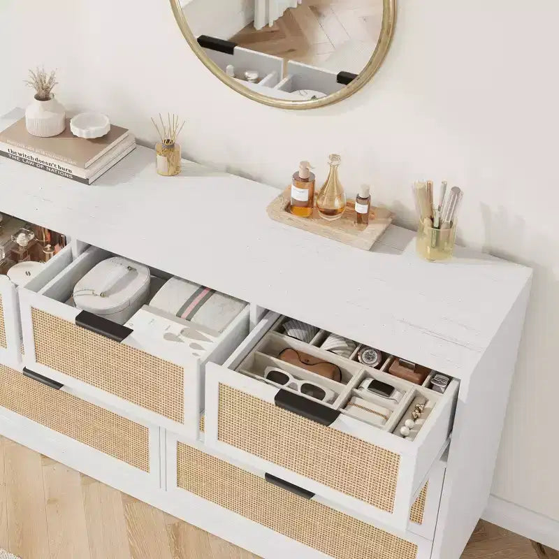 Cómoda de 7 cajones de ratán blanco, cómoda ancha para dormitorio