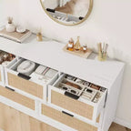 Cómoda de 7 cajones de ratán blanco, cómoda ancha para dormitorio