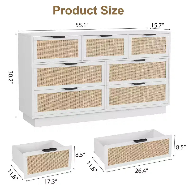 Cómoda de 7 cajones de ratán blanco, cómoda ancha para dormitorio