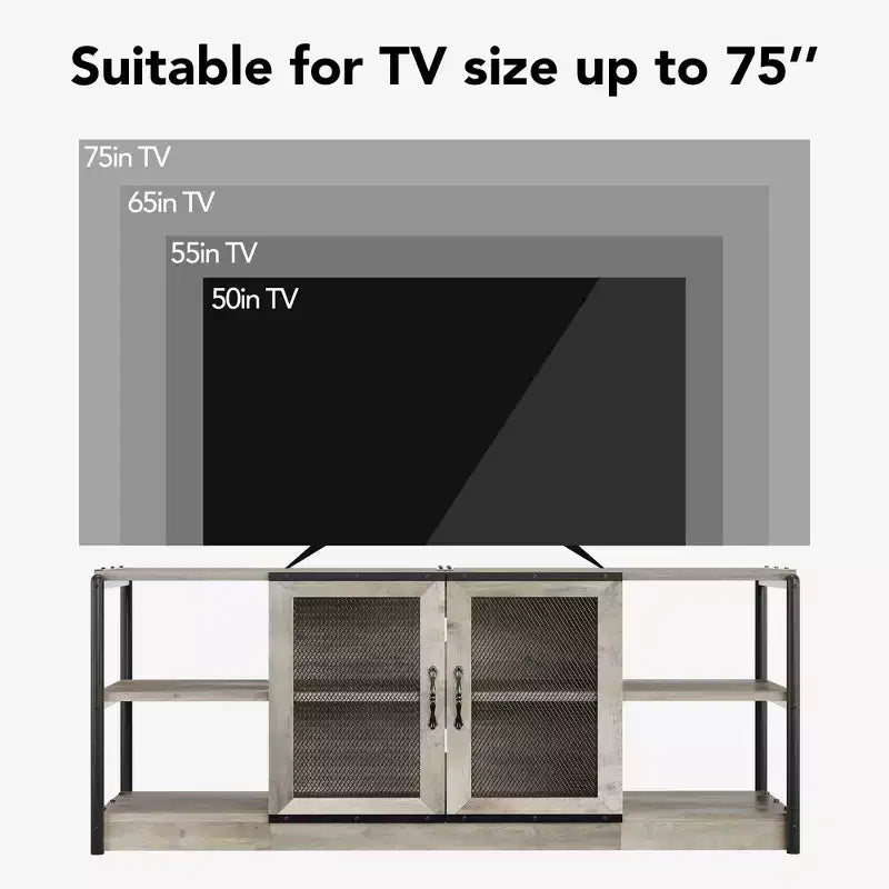 Mueble de TV de malla de color retro gris/roble oscuro para televisores de más de 65 pulgadas