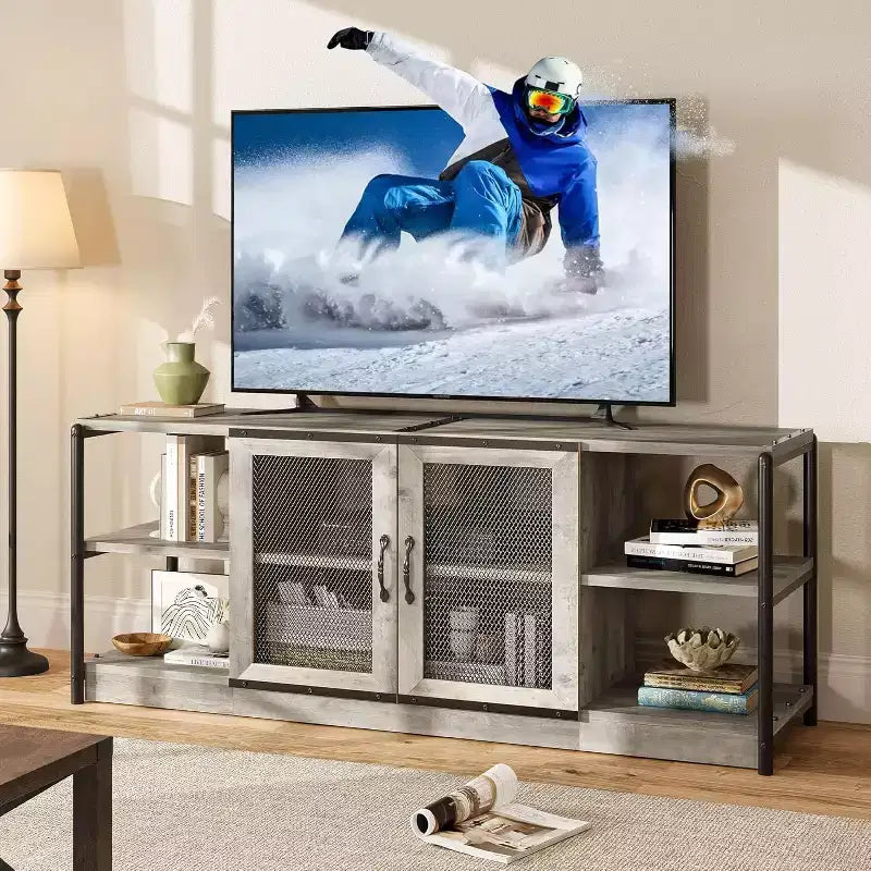 Mueble de TV de malla de color retro gris/roble oscuro para televisores de más de 65 pulgadas