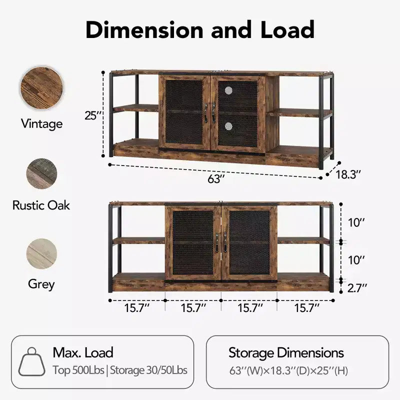 Mueble de TV de malla de color retro gris/roble oscuro para televisores de más de 65 pulgadas