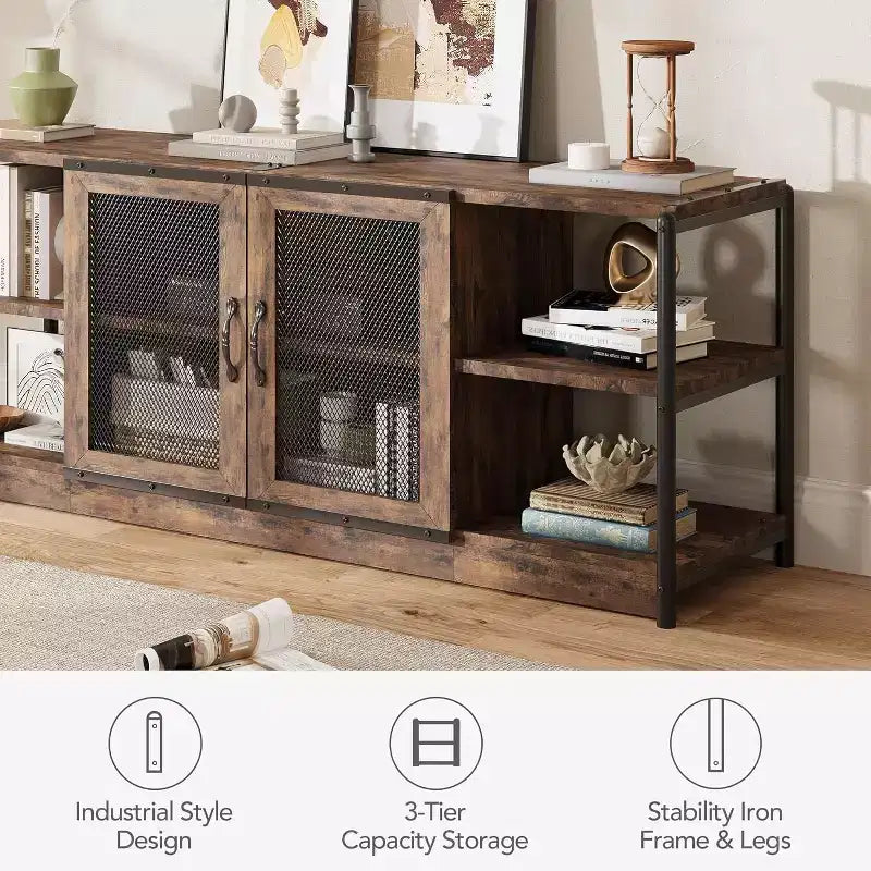 Mueble de TV de malla de color retro gris/roble oscuro para televisores de más de 65 pulgadas