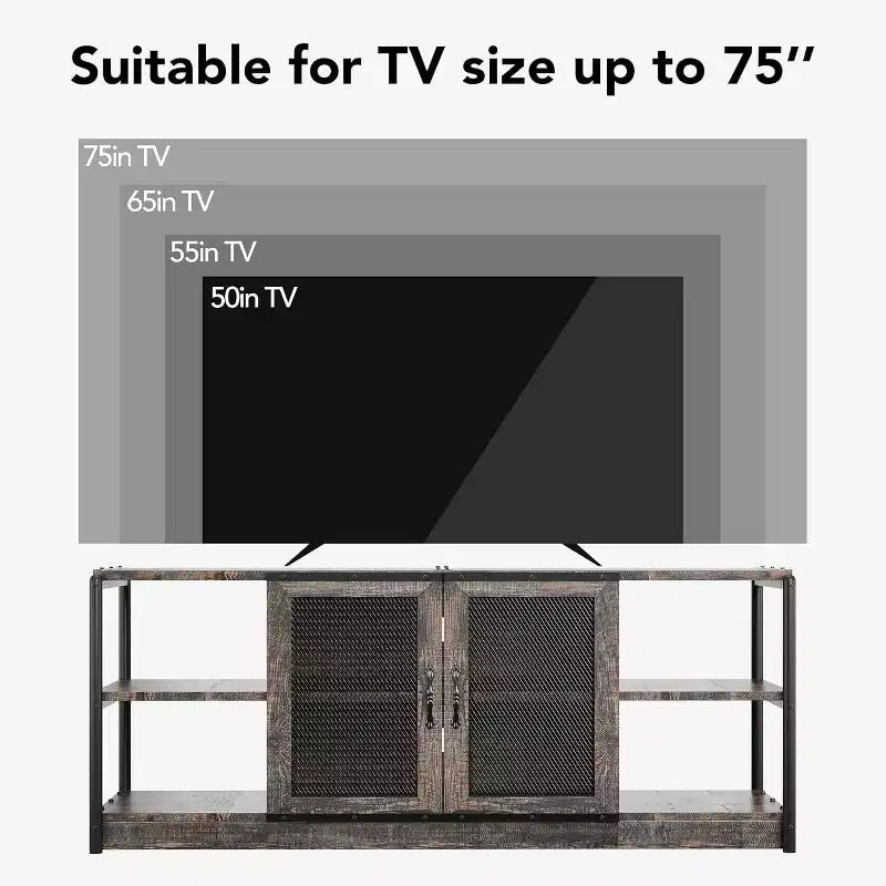 Mueble de TV de malla de color retro gris/roble oscuro para televisores de más de 65 pulgadas