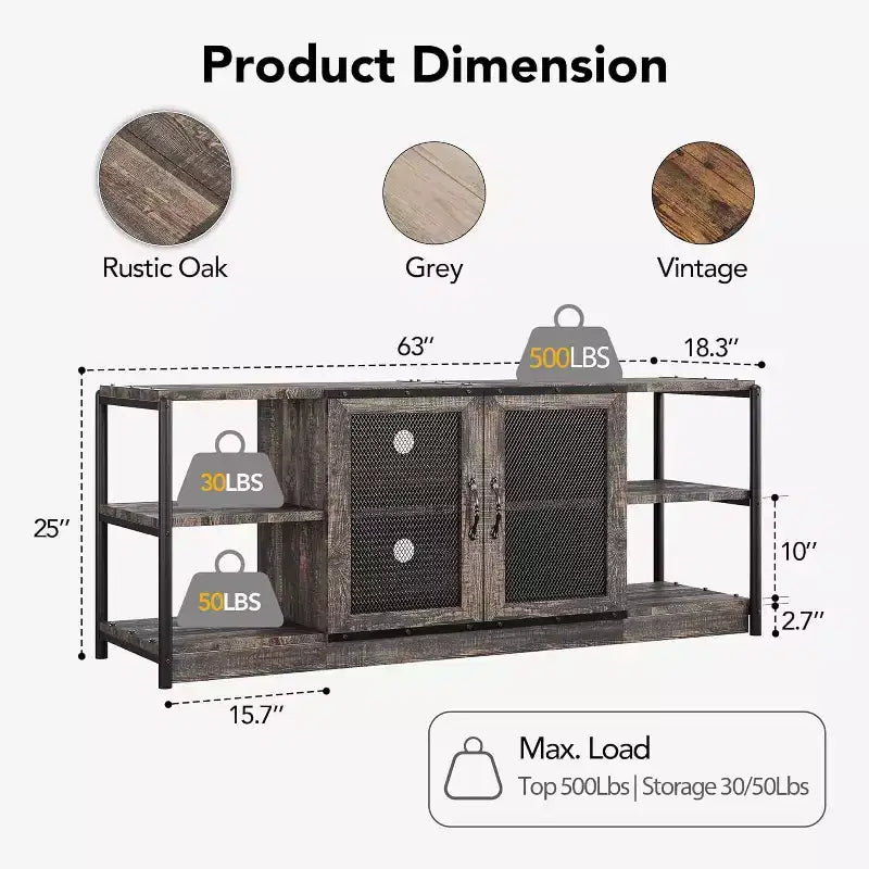 Mueble de TV de malla de color retro gris/roble oscuro para televisores de más de 65 pulgadas