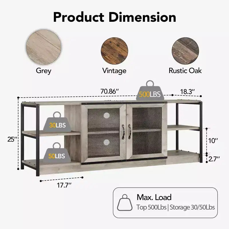 Mueble de TV de malla de color retro gris/roble oscuro para televisores de más de 65 pulgadas