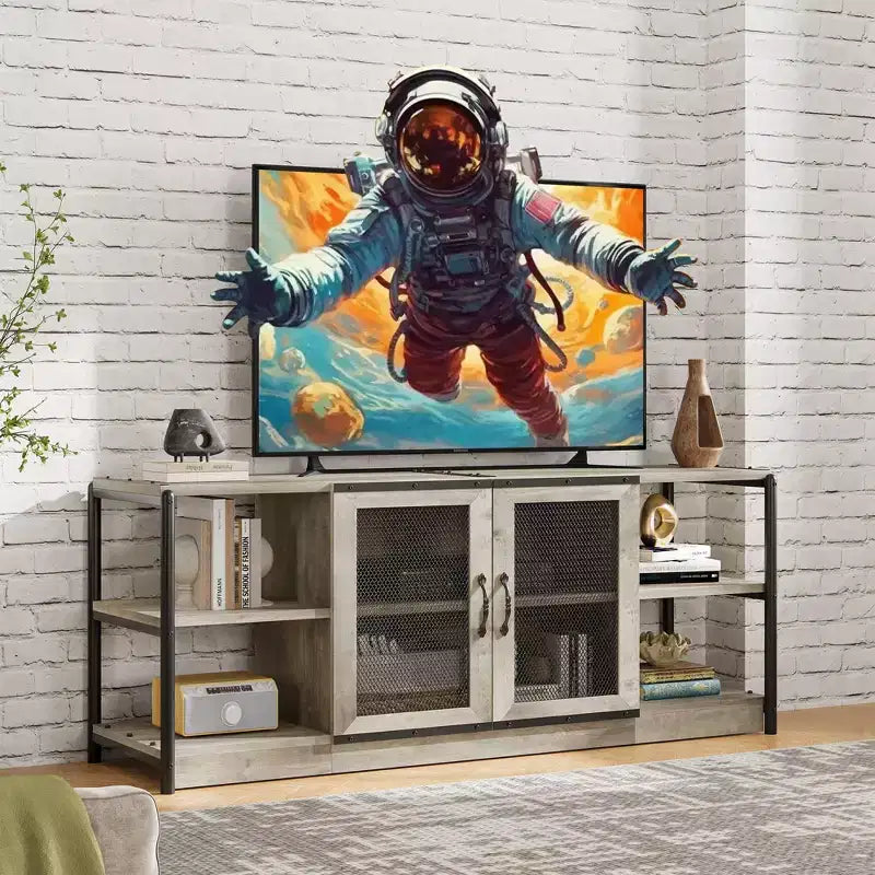 Mueble de TV de malla de color retro gris/roble oscuro para televisores de más de 65 pulgadas