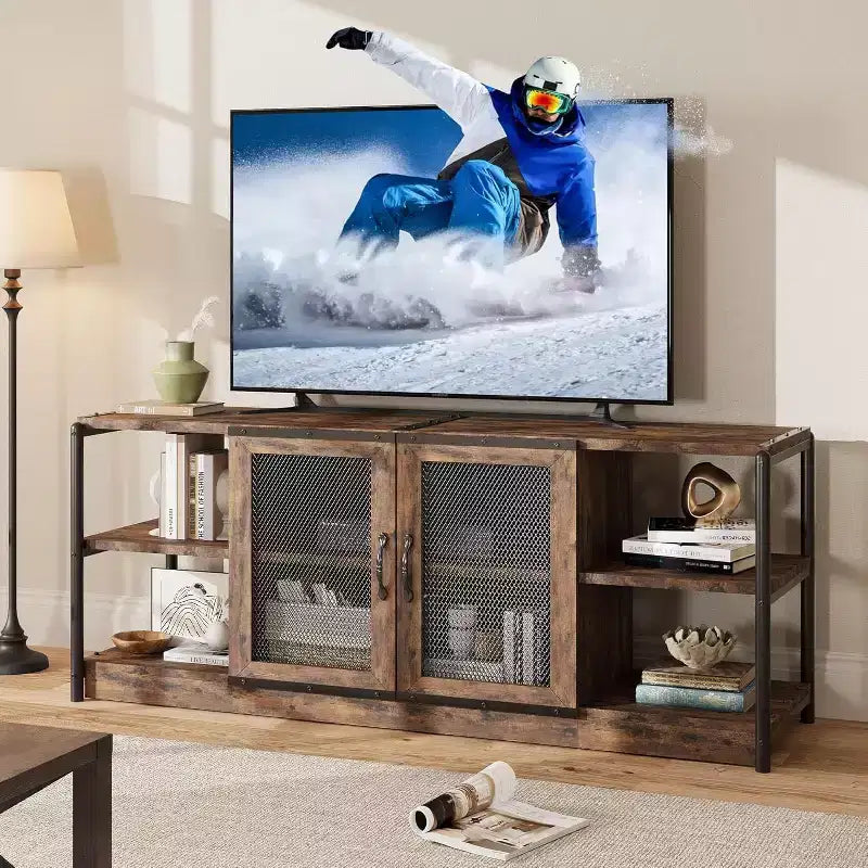 Mueble de TV de malla de color retro gris/roble oscuro para televisores de más de 65 pulgadas