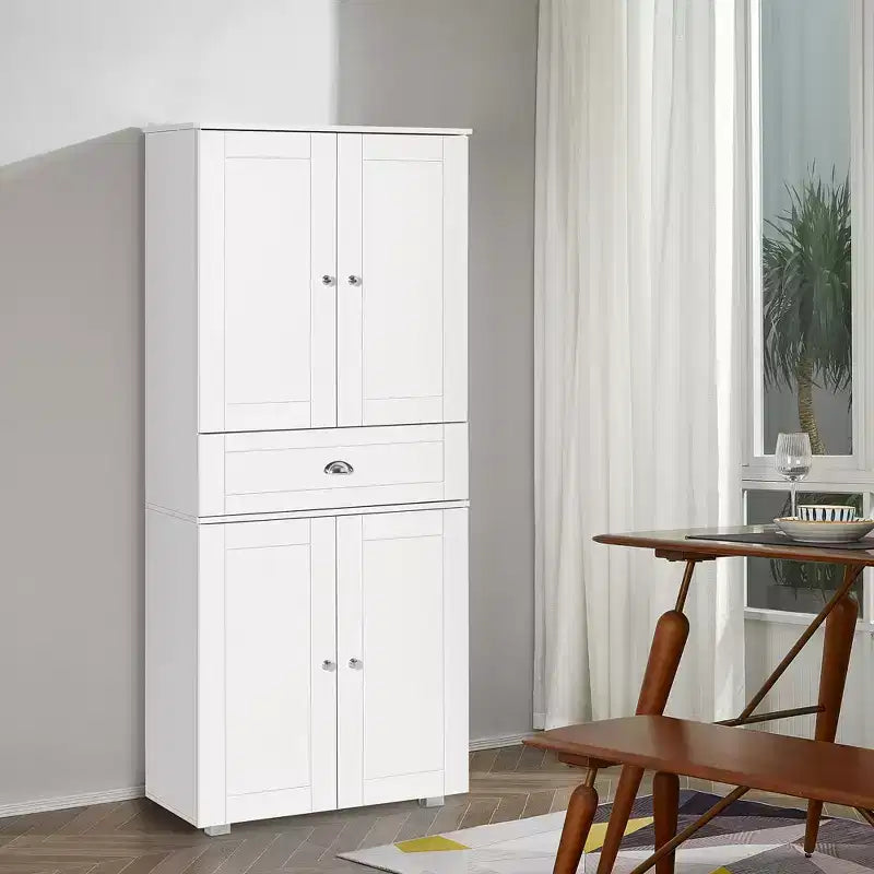 Alacena de cocina blanca de 5 estantes con 4 puertas y 1 cajón