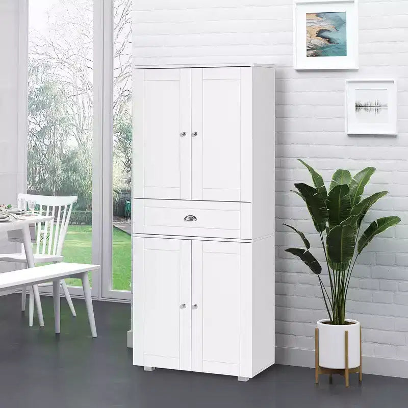 Alacena de cocina blanca de 5 estantes con 4 puertas y 1 cajón