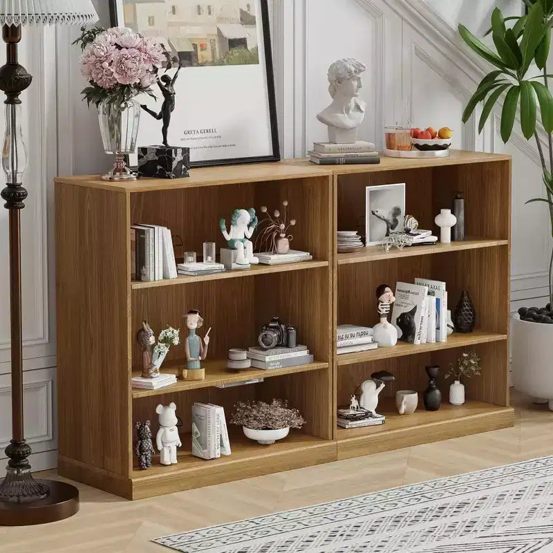 Mueble de almacenamiento abierto de madera natural con 3 compartimentos y estantes ajustables