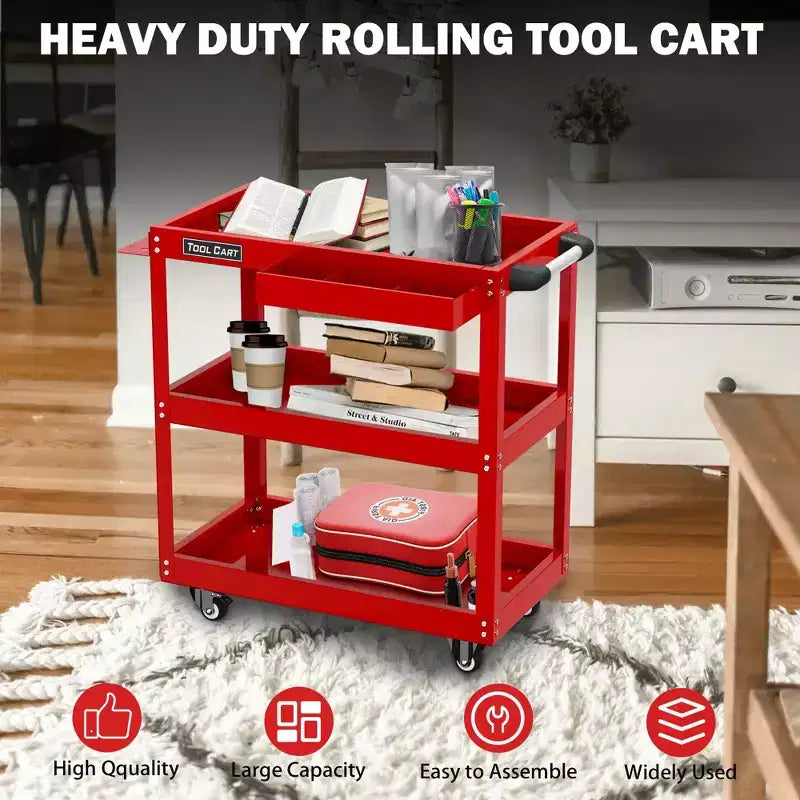 Carro de herramientas rodante rojo de 3 niveles con cajón