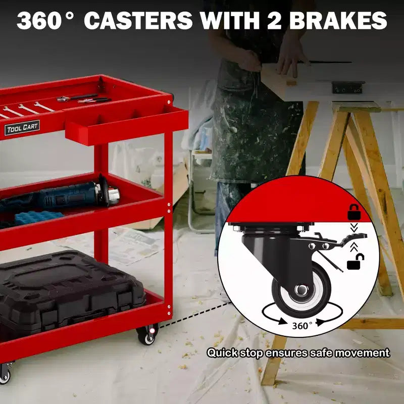 Carro de herramientas rodante rojo de 3 niveles con cajón