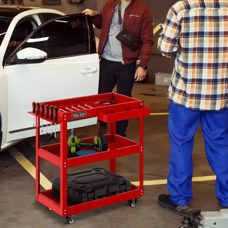 Carro de herramientas rodante rojo de 3 niveles con cajón