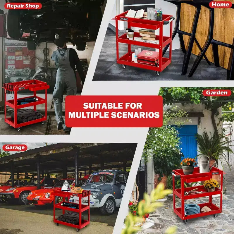 Carro de herramientas rodante rojo de 3 niveles con cajón