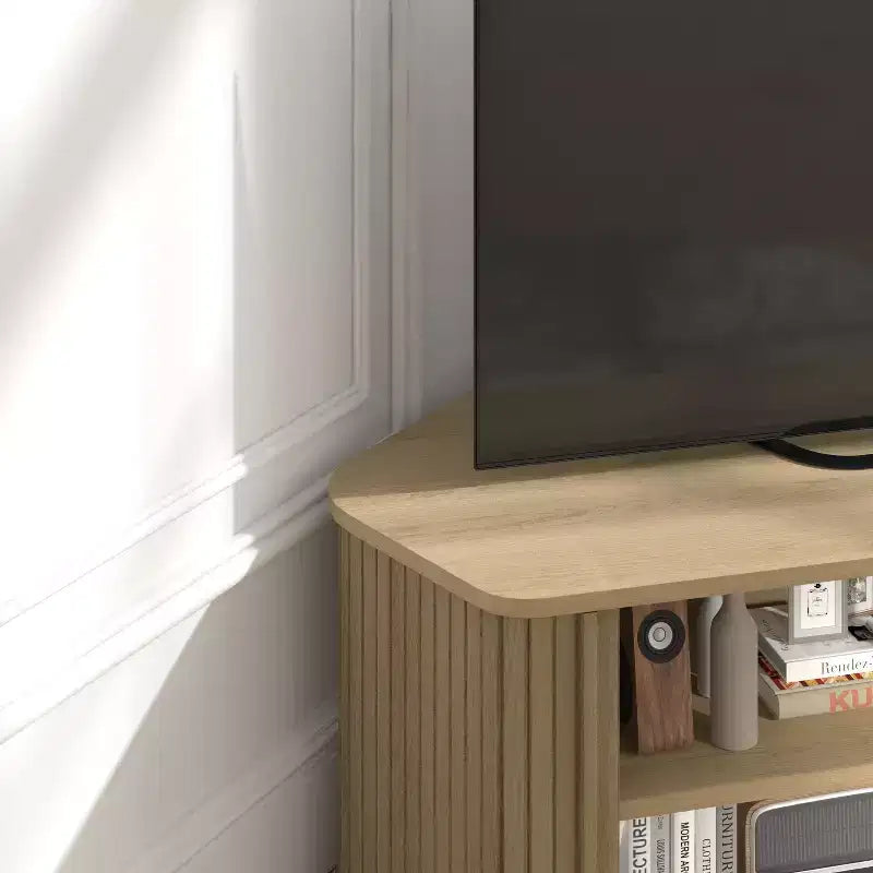 Mueble de TV esquinero de roble negro/roble Oslo/pergamino/nogal real con puertas estriadas, apto para televisores de hasta 50 pulgadas
