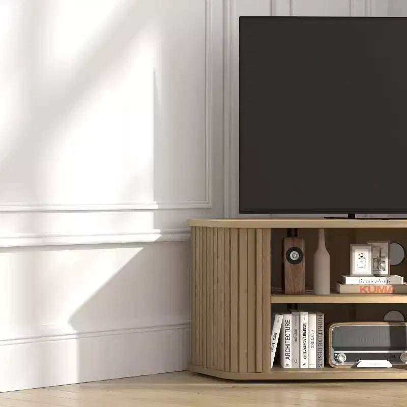 Mueble de TV esquinero de roble negro/roble Oslo/pergamino/nogal real con puertas estriadas, apto para televisores de hasta 50 pulgadas