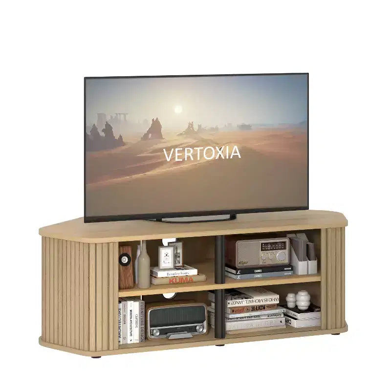 Mueble de TV esquinero de roble negro/roble Oslo/pergamino/nogal real con puertas estriadas, apto para televisores de hasta 50 pulgadas