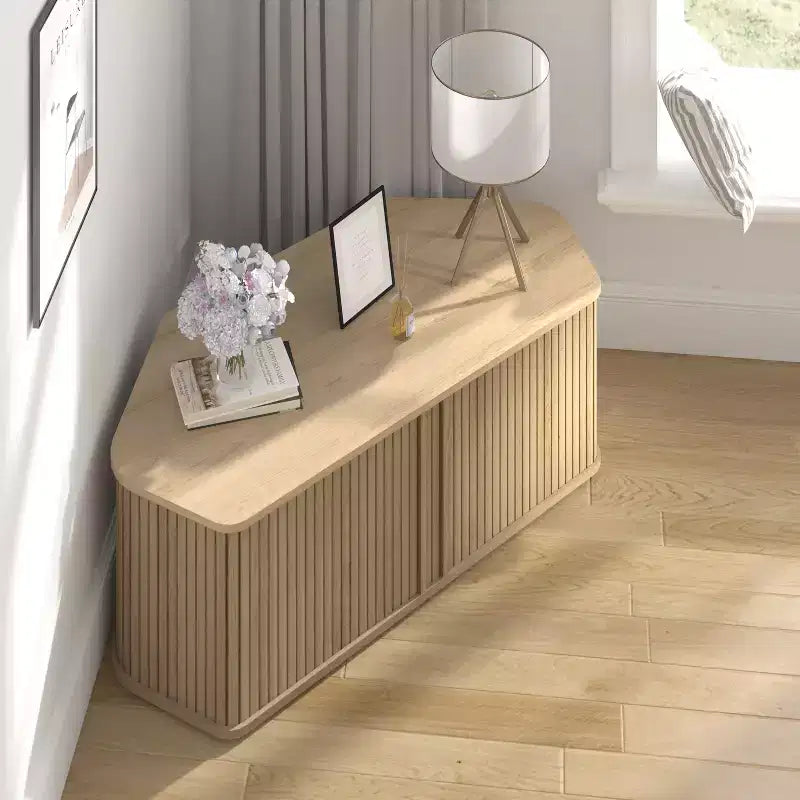 Mueble de TV esquinero de roble negro/roble Oslo/pergamino/nogal real con puertas estriadas, apto para televisores de hasta 50 pulgadas