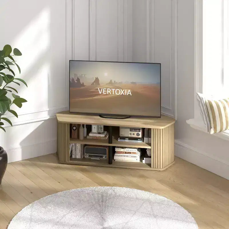 Mueble de TV esquinero de roble negro/roble Oslo/pergamino/nogal real con puertas estriadas, apto para televisores de hasta 50 pulgadas
